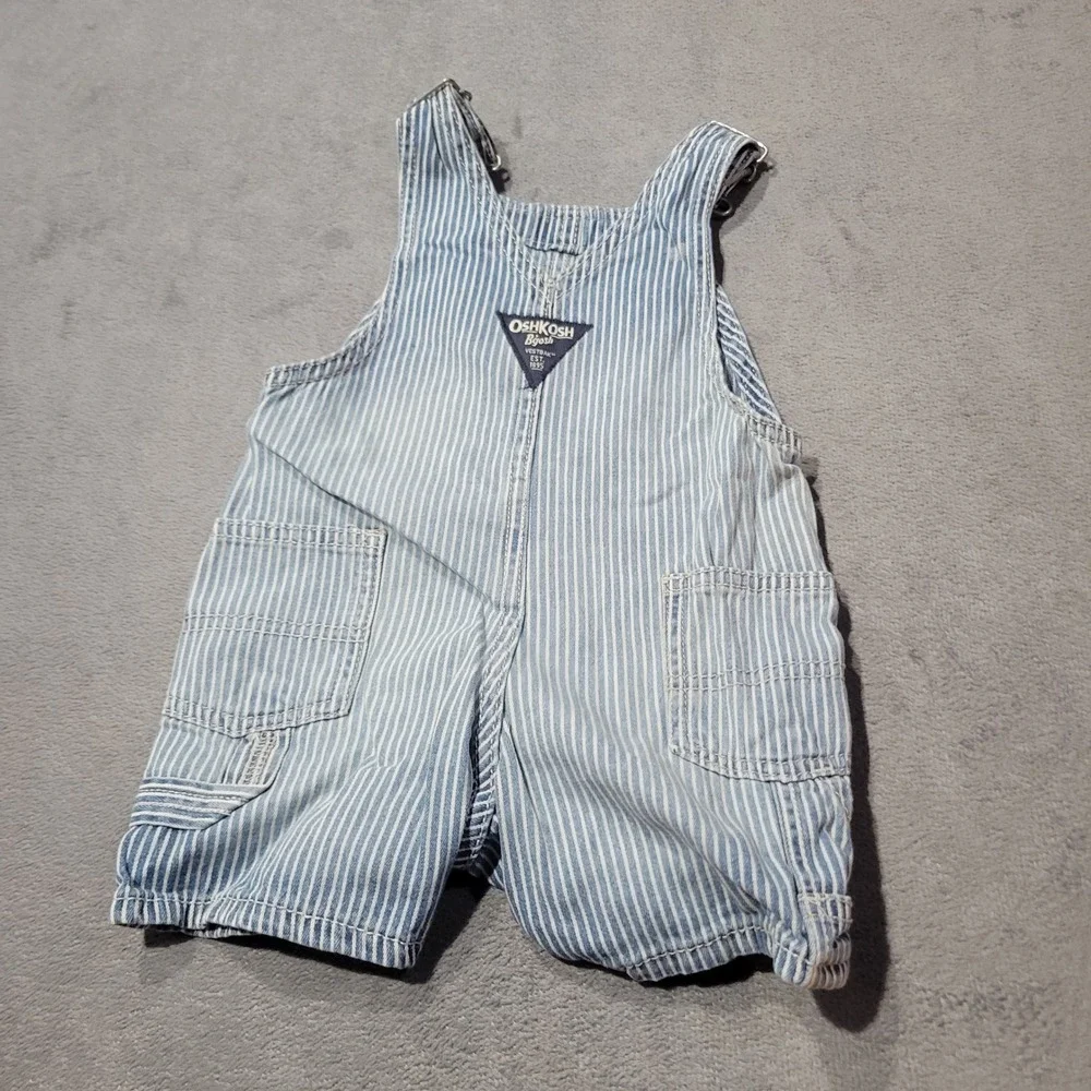 OshKosh B'gosh Overalls Baby 12M Blue Hickory Railroad‎ Stripe Denim Shortalls